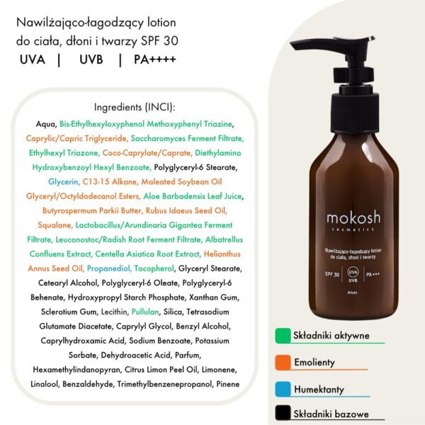 Mokosh nawilzajaco lagodzacy lotion do ciala dloni i twarzy spf 30 100ml 4
